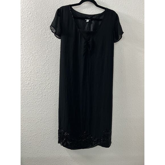 Mimi Maternity Dress Black Short Flutter Sleeve Sz L Beaded Sheer Overlay Witchy - Picture 1 of 11